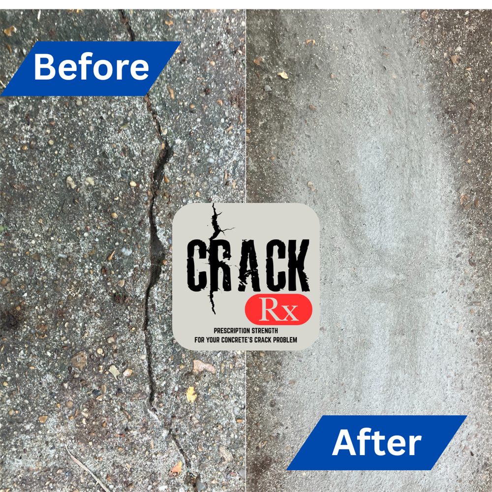Side-by-side comparison of a cracked concrete surface before treatment and the same surface filled and smoothed afterwards