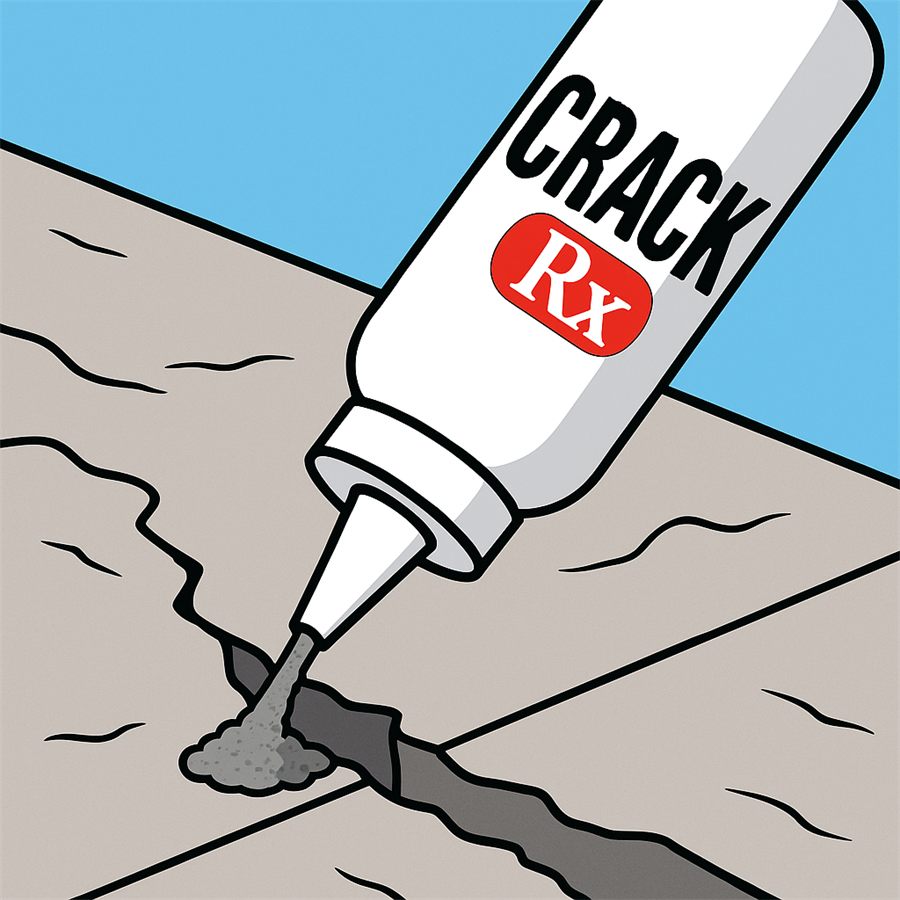 Illustration of a CrackRx bottle squeezing dry filler into a crack between two concrete slabs